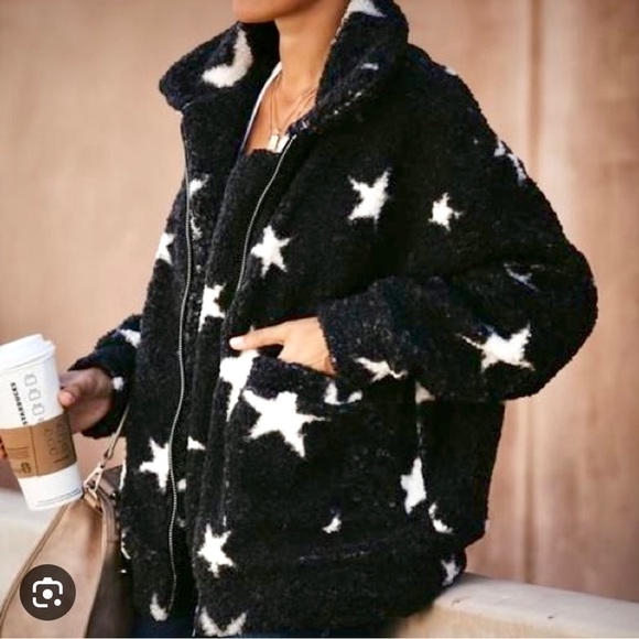 New NWT Vici teddy faux Sherpa black and white stars zippered jacket w/collar S - Picture 1 of 13